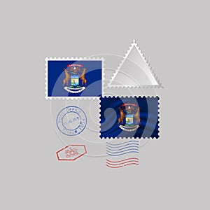 Postage stamp with the image of Michigan state flag. Vector Illustration