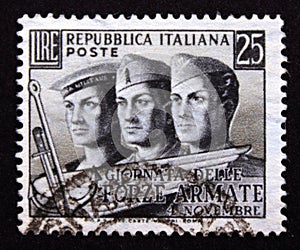 Postage stamp Italy, 1952, Faces of sailor, airman and soldier