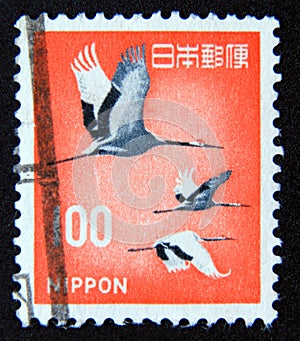 Postage stamp Japan, 1963. Red crowned Cranes Grus Japonensis bird