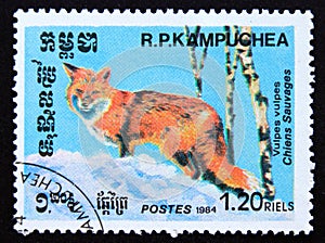 Postage stamp Kampuchea, Cambodia, 1984, Red Fox, Vulpes vulpes