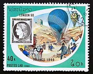 Postage stamp Laos, 1990, France 1849 20c. stamp and mail balloons, Paris, 1870