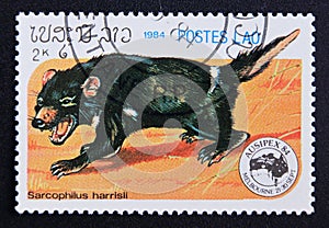 Postage stamp Laos, 1984, Tasmanian Devil, Sarcophilus harrisii