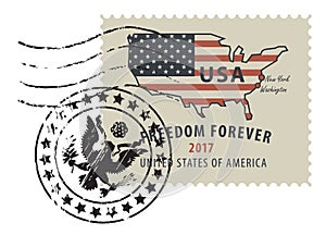 Postage stamp with map of USA in colors of flag