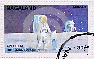 Postage stamp Nagaland, India, 1972, Apollo 11 first man on the moon