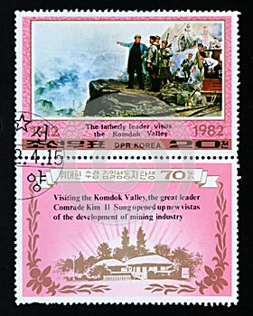 Postage stamp North Korea, 1982. The fatherly leader visits the Komdok Valley