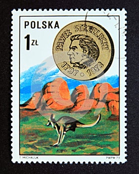 Postage stamp Poland, 1973. Pawel Edmund Strzelecki, Red Kangaroo Macropus rufus