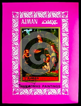 Postage stamp printed in Ajman (United Arab Emirates) shows Virgin of the Rocks; by Leonardo da Vinci, Christmas 1972 - Paintings