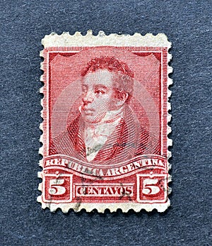 Postage stamp printed by Argentina, that shows portrait of first president Bernardino Rivadavia