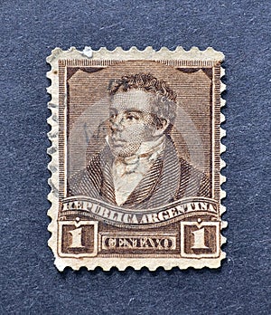 Postage stamp printed by Argentina, that shows portrait of first president Bernardino Rivadavia