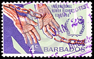 Postage stamp printed in Barbados shows Flame, Hands and Chain, Human Rights Year serie, circa 1968