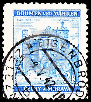 Postage stamp printed in Bohemia and Moravia shows Pardubitz, Pardubice, Landscapes serie, circa 1942