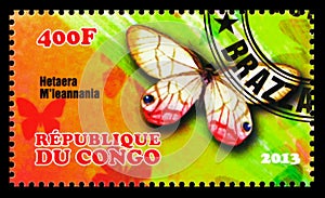 Postage stamp printed in Congo shows Hetaera m`leannania, Butterflies serie, circa 2013