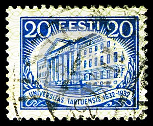 Postage stamp printed in Estonia devoted to 300 years of Tartu University (Main Building), serie, circa 1932