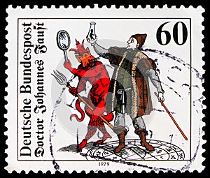 Postage stamp printed in Germany shows Faust and Mephistopheles, Faust, Doctor Johannes serie, 60 Pf. - German pfennig, circa 1979