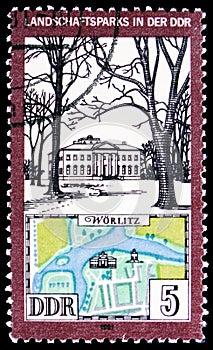 Postage stamp printed in Germany shows Worlitzer Park, Country Parks in the GDR serie, circa 1981