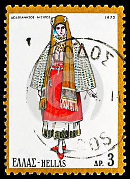 Postage stamp printed in Greece shows Female Costume from the island of Nisiros, Dodecannese, National Costumes I serie, circa