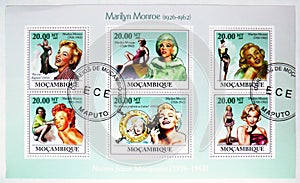 Postage stamp printed in Mozambique shows Block: Marilyn Monroe, serie, circa 2009