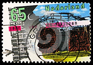 Postage stamp printed in Netherlands shows Modern building and primitive hut, International Year of Shelter for the Homeless serie