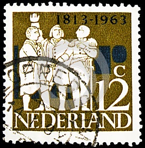 Postage stamp printed in Netherlands shows Triumvirate Van Hogendorp, Limburg Stirum & Duyn v Maasdam, Independence serie, circa