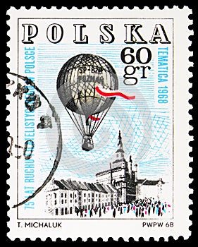 Postage stamp printed in Poland shows Ballon over Poznan town hall, 75 Years Of Polish Philately, Tematica 1968, Poznan serie,