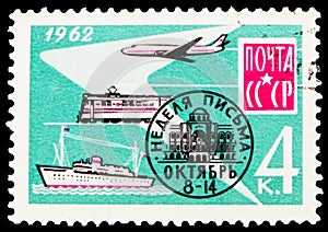 Postage stamp printed in Soviet Union devoted to International Corespondence Week, International Letter Writing Week serie, circa