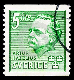 Postage stamp printed in Sweden shows Artur Hazelius, Swedish teacher, scholar and folklorist, serie, circa 1941