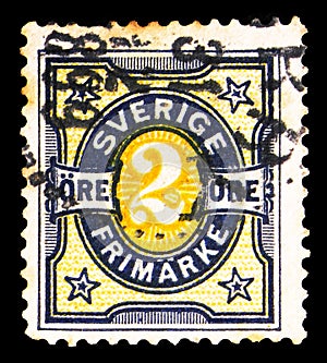 Postage stamp printed in Sweden shows Bicoloured Numeral Type, serie, circa 1892