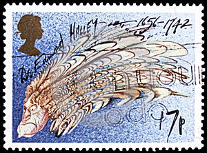 Postage stamp printed in United Kingdom shows Dr. Edmund Halley as Comet, serie, circa 1986