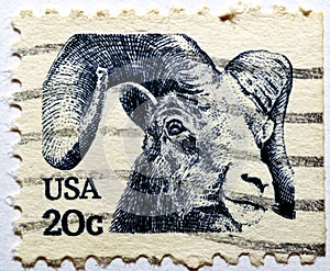 A postage stamp printed in USA shows a Rocky mountain bighorn sheep (Ovis canadensis Ovis orientalis) 1982