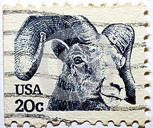 A postage stamp printed in USA shows a Rocky mountain bighorn sheep (Ovis canadensis Ovis orientalis) 1982