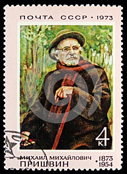 Postage stamp printed in USSR Russia shows Birth Centennary of M.M. Prishvin, Portraits serie, circa 1973