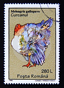 Postage stamp Romania, 1995. Domesticated Turkey Meleagris gallopavo bird