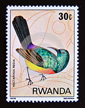 Postage stamp Rwanda, 1980. Regal Sunbird Cinnyris regius bird