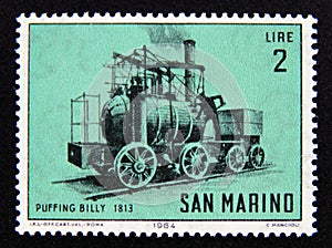 Postage stamp San Marino, 1964. Puffing Billy 1813 steam locomotive