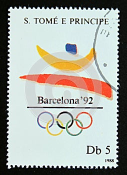 Postage stamp Sao Tome and Pri­ncipe 1988, Barcelona olympic games emblem