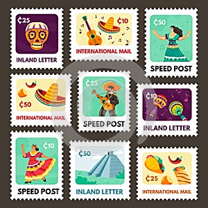 Postage stamp set with mexico culture elements
