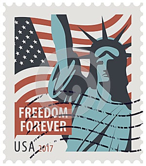 Postage stamp with Statue of Liberty and flag USA