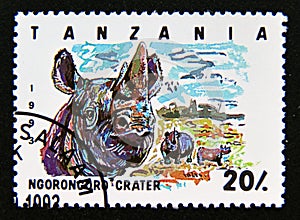 Postage stamp Tanzania, 1993. Ngorongoro Crater, Black Rhinoceros Diceros bicornis