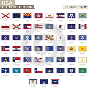 Postage stamp with USA State flags. Set of 51 US states flag.