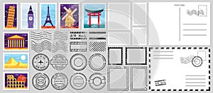 Postage stamps. Air mail envelope, post office stamp and postal stamps vector set. Cachets and postmarks with different