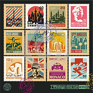 Postage stamps, cities of the world, vintage travel labels and badges set, seal and postmark design templates