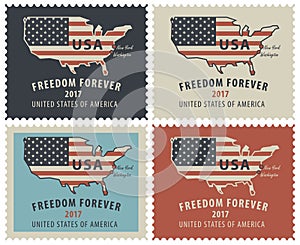 Postage stamps with map of USA in colors of flag
