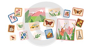 Postage stamps and post cards. Different postal labels for envelopes and postcards. Sticky postmarks with landmarks