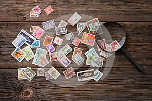 Postage stamps on the table. Philatelism