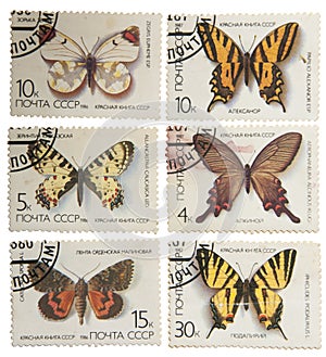 Postage stamps of the USSR, with the image of butterflies isolat