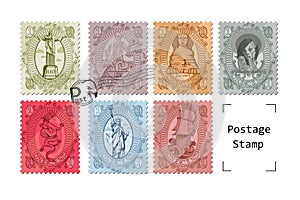 Postage travel stamps set. Post emblem on white background. Mark stamped. Official postmarks.