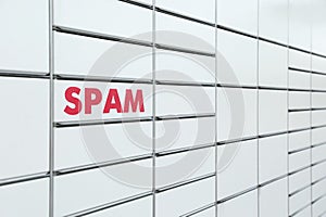 Postal box with word Spam on parcel locker. Space for text