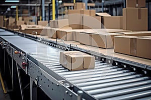 Postal cardboard box packages moving along conveyor belt in warehouse fulfillment center.