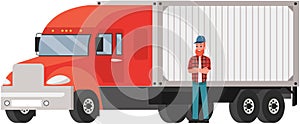 Postal delivery courier man in front of van. Trucker in striped shirt and cap stands near truck