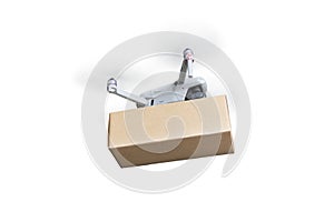 Postal Drone Isolated White Background. Drone carrying carton box Package. Drone Technology